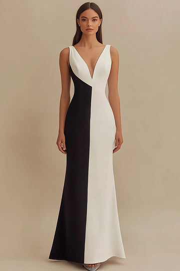Black and White Sheath Long Satin Formal Dress
